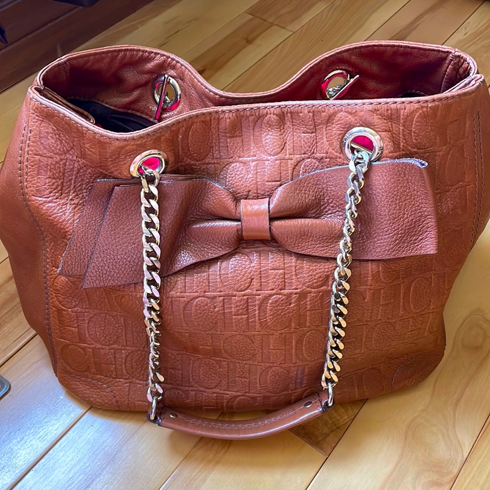 Carolina Herrera Anna Hobo monogram CH/ brown leather bow+ dust bag